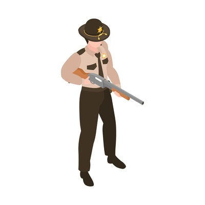 Isometric sheriff composition with male character of sheriff holding rifle vector illustration