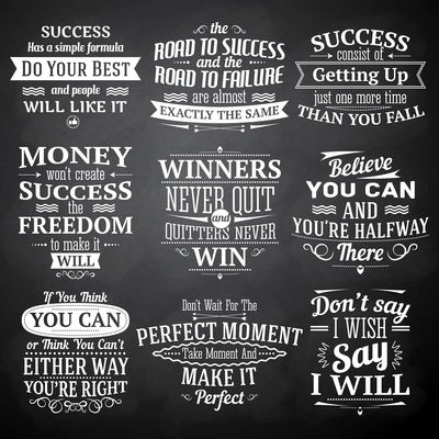 Success motivational and inspirational quotes chalkboard emblems set isolated vector illustration