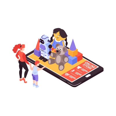 Isometric kids online shopping composition with smartphone and pile of toys with mother and child vector illustration