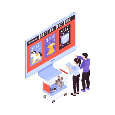 Isometric kids online shopping composition with characters of parents with trolley cart and computer with remote store vector illustration