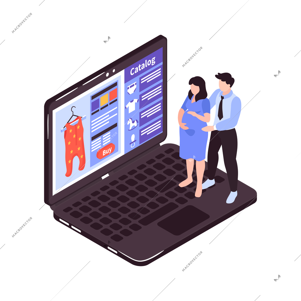 Isometric kids online shopping composition with laptop catalog of goods and parents characters vector illustration