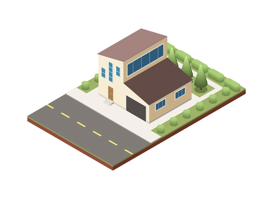 Suburban residential houses neighborhood composition with isolated image of dwelling place with buildings pavement and road vector illustration