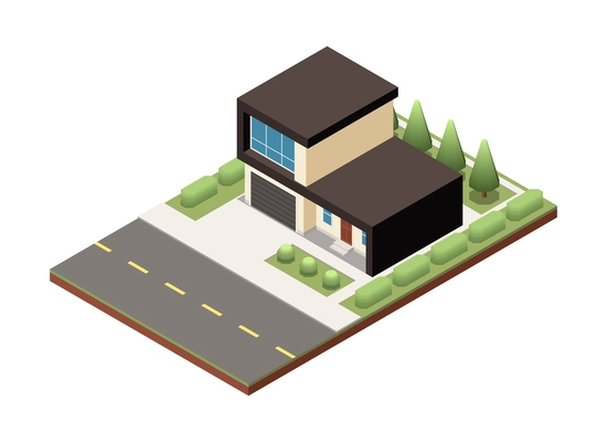 Suburban residential houses neighborhood composition with isolated image of dwelling place with buildings pavement and road vector illustration