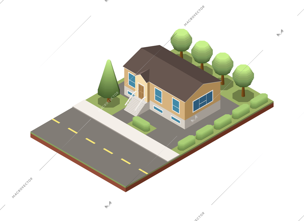 Suburban residential houses neighborhood composition with isolated image of dwelling place with buildings pavement and road vector illustration