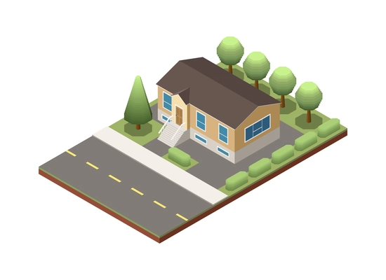 Suburban residential houses neighborhood composition with isolated image of dwelling place with buildings pavement and road vector illustration