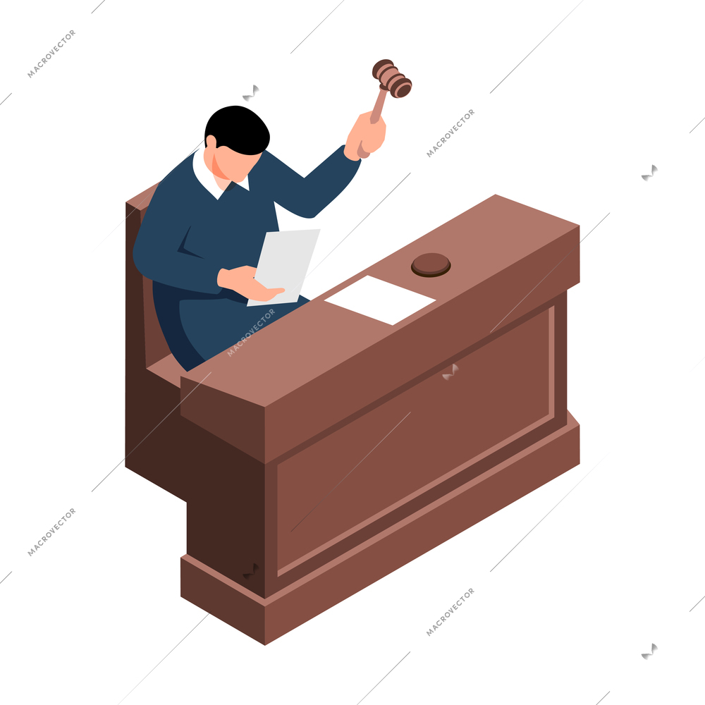 Isometric lawyer composition with judge sitting at tribune raising hand with gavel vector illustration