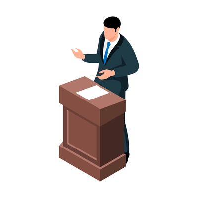 Isometric lawyer composition with view of tribune with speaking male attorney vector illustration