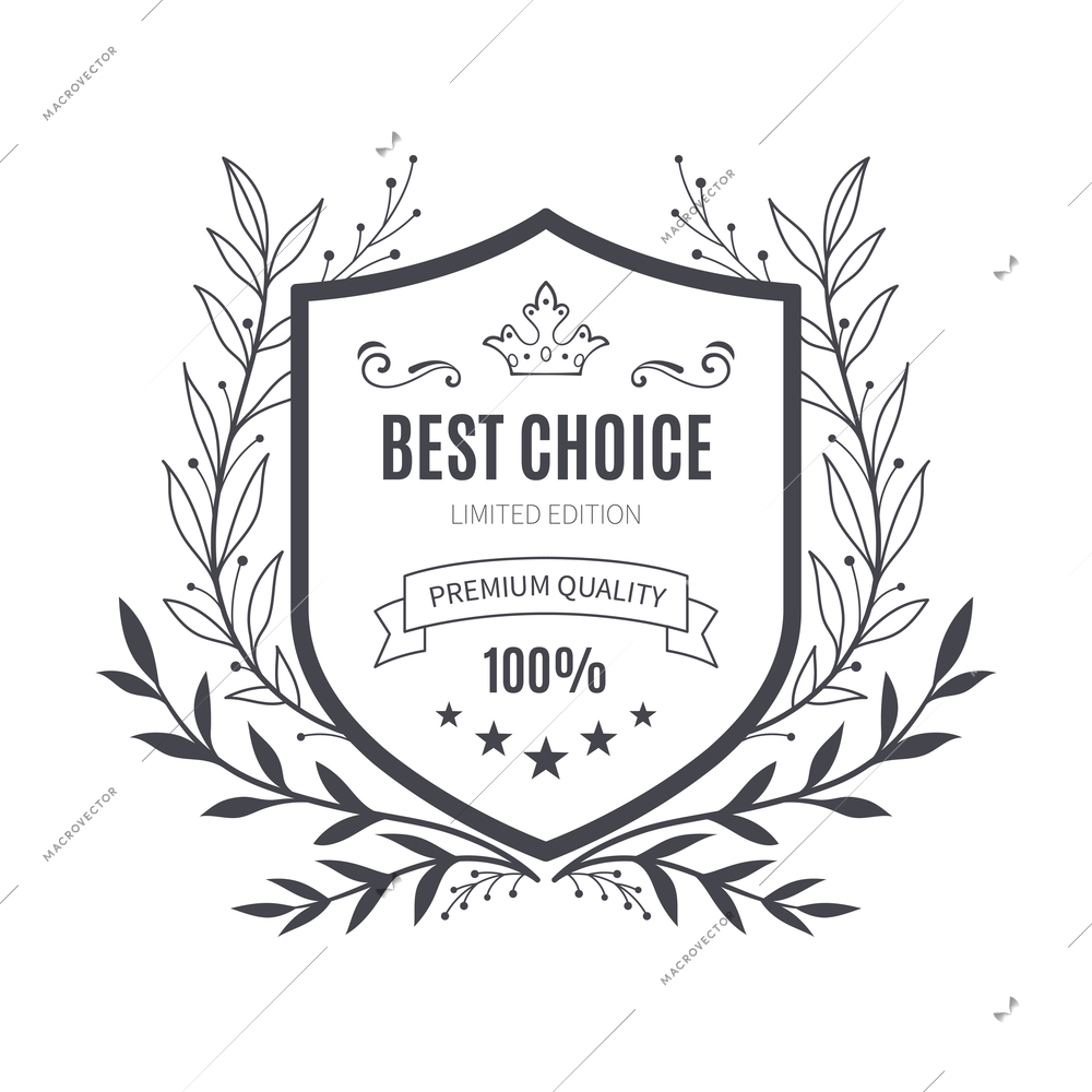 Premium monochrome emblem realistic composition with ornate text and laurel wreath isolated vector illustration