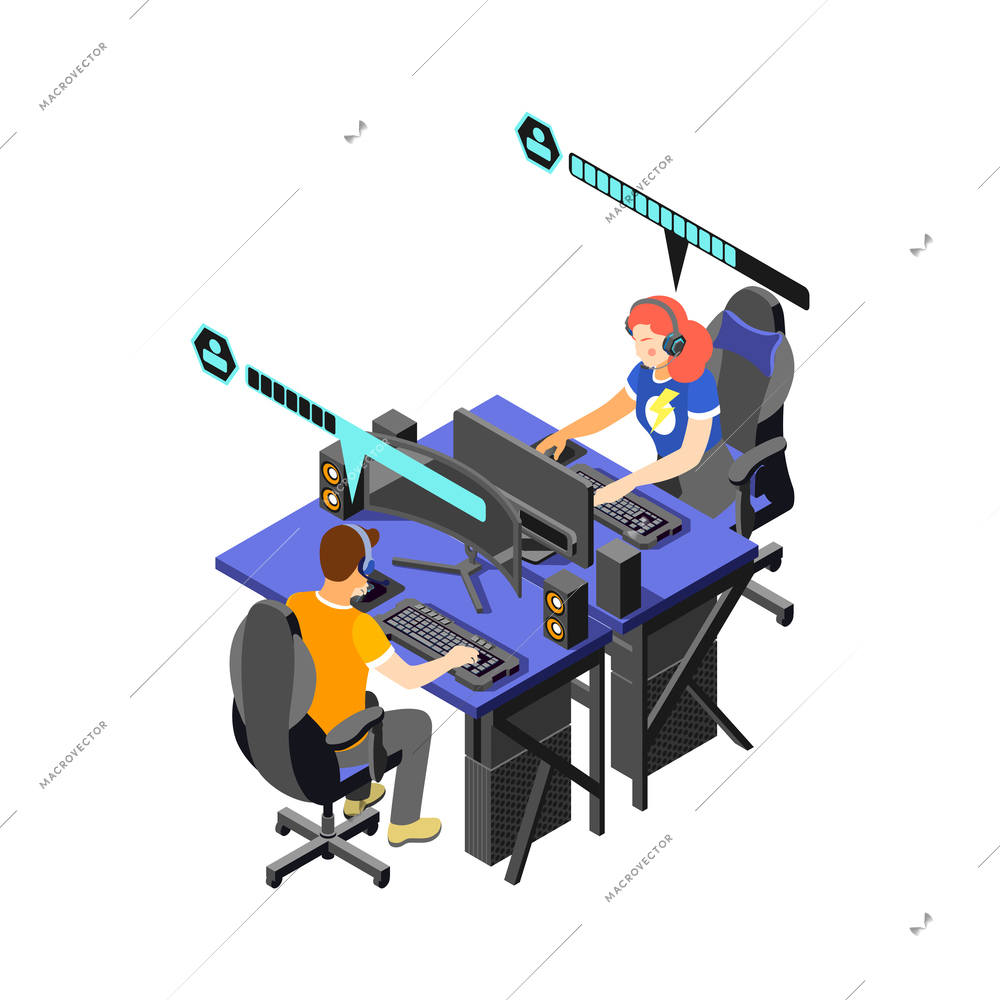 Cybersport isometric composition with characters of players at computer tables vector illustration