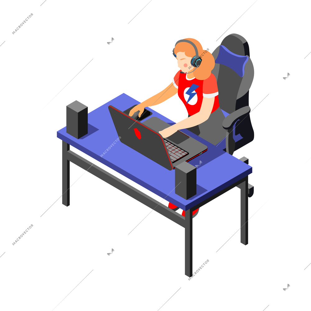 Cybersport isometric composition with characters of female player at computer table vector illustration