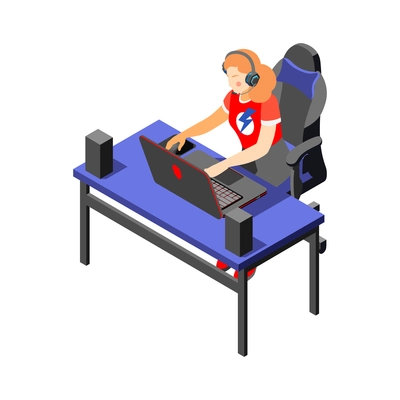 Cybersport isometric composition with characters of female player at computer table vector illustration