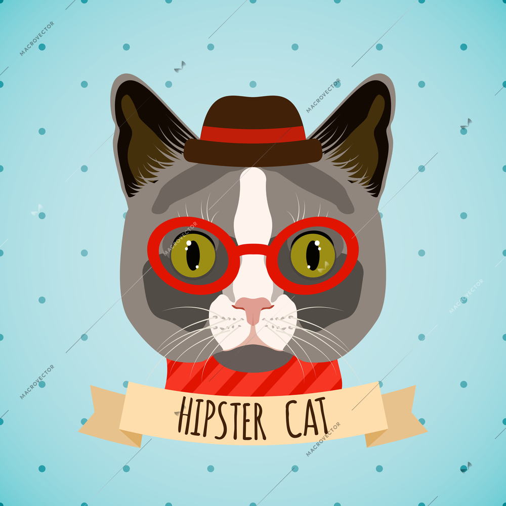 Hipster cat with glasses and hat portrait with ribbon poster vector illustration.