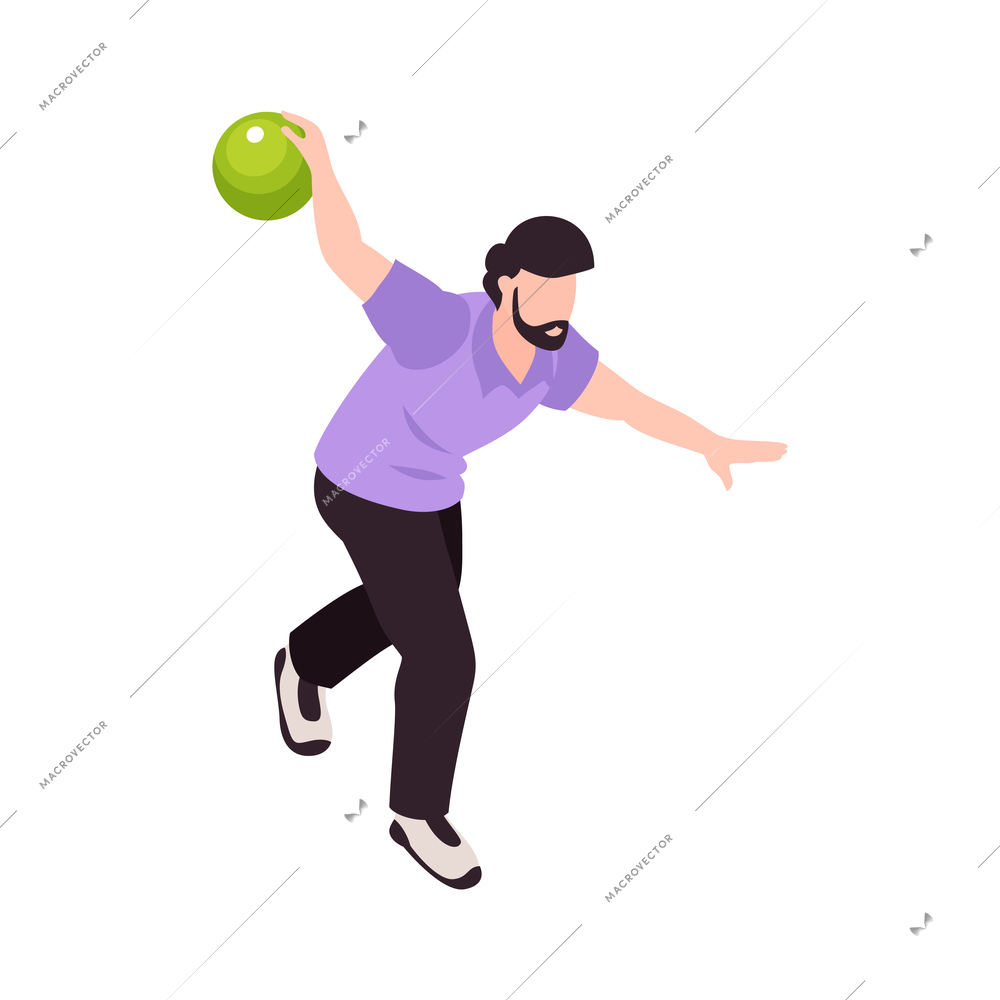 Bowling sport game entertainment isometric composition with human character of player throwing ball vector illustration