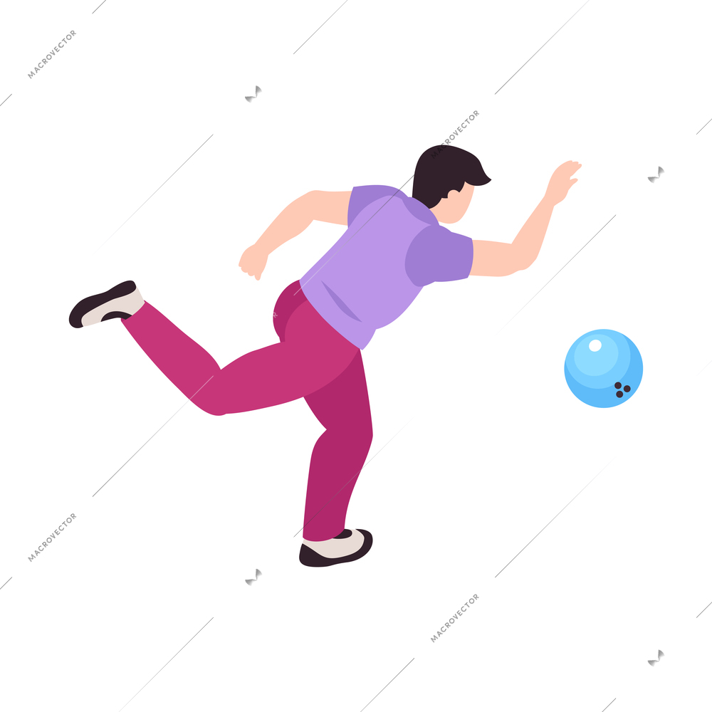 Bowling sport game entertainment isometric composition with human character of player throwing ball vector illustration