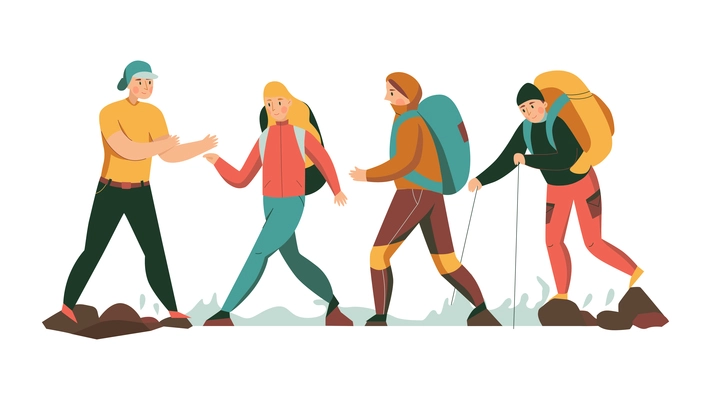 Mountain climbing trekking hiking flat composition with group of walking hikers vector illustration