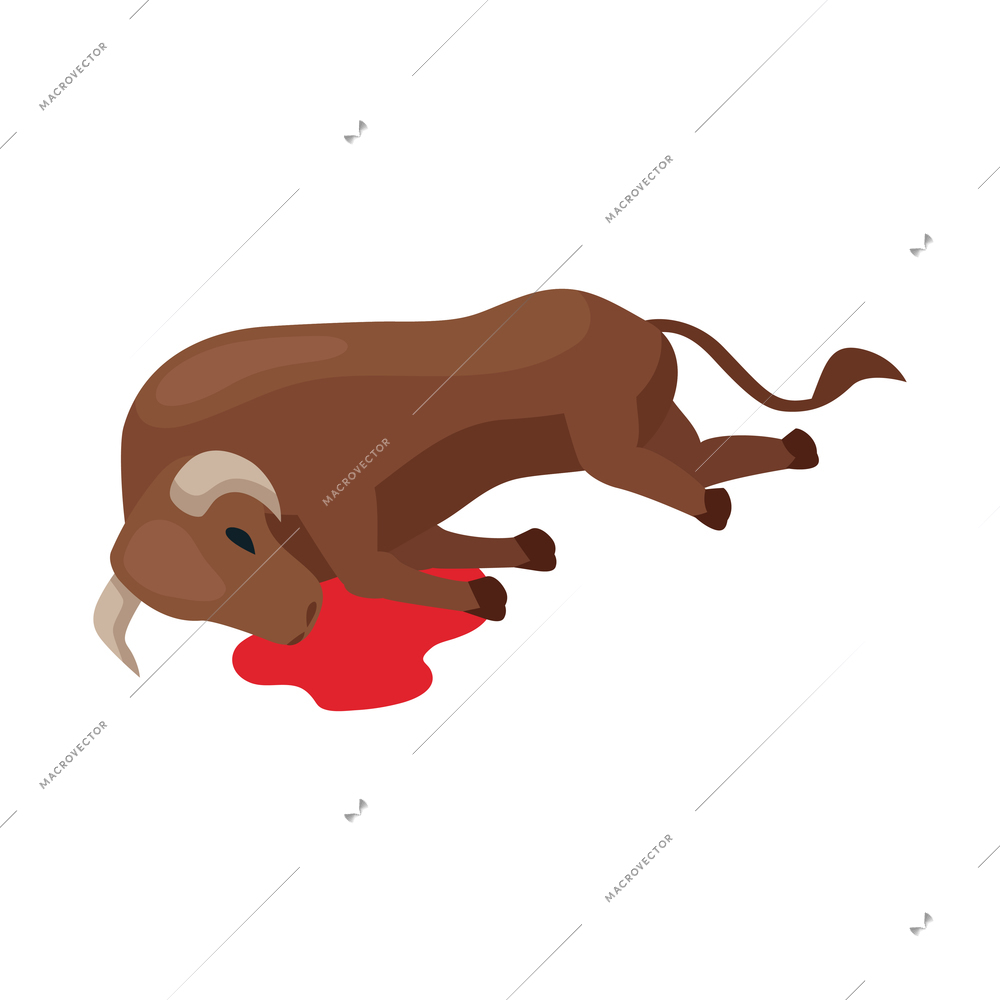 Isometric bullfight composition with isolated image of dead bull with blood spot vector illustration