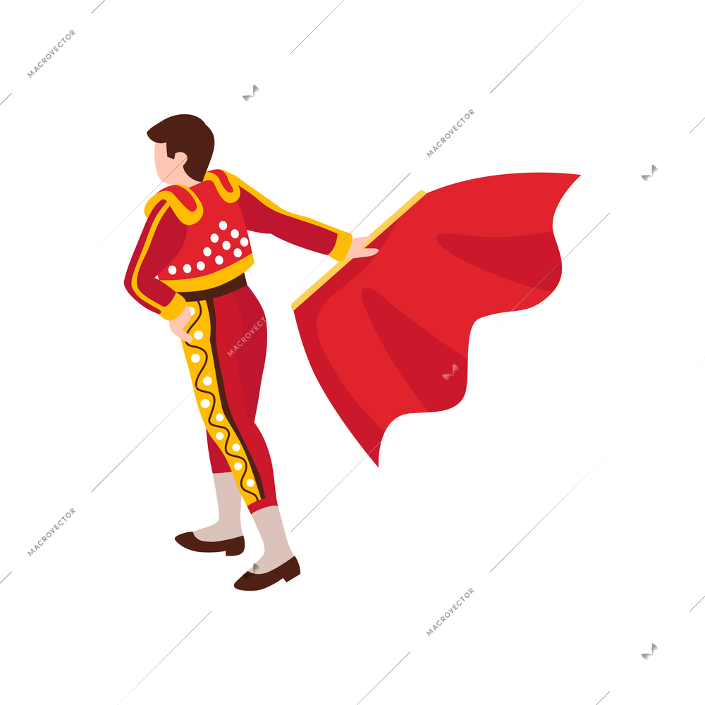 Isometric bullfight composition with isolated character of bullfighter holding red cloth vector illustration