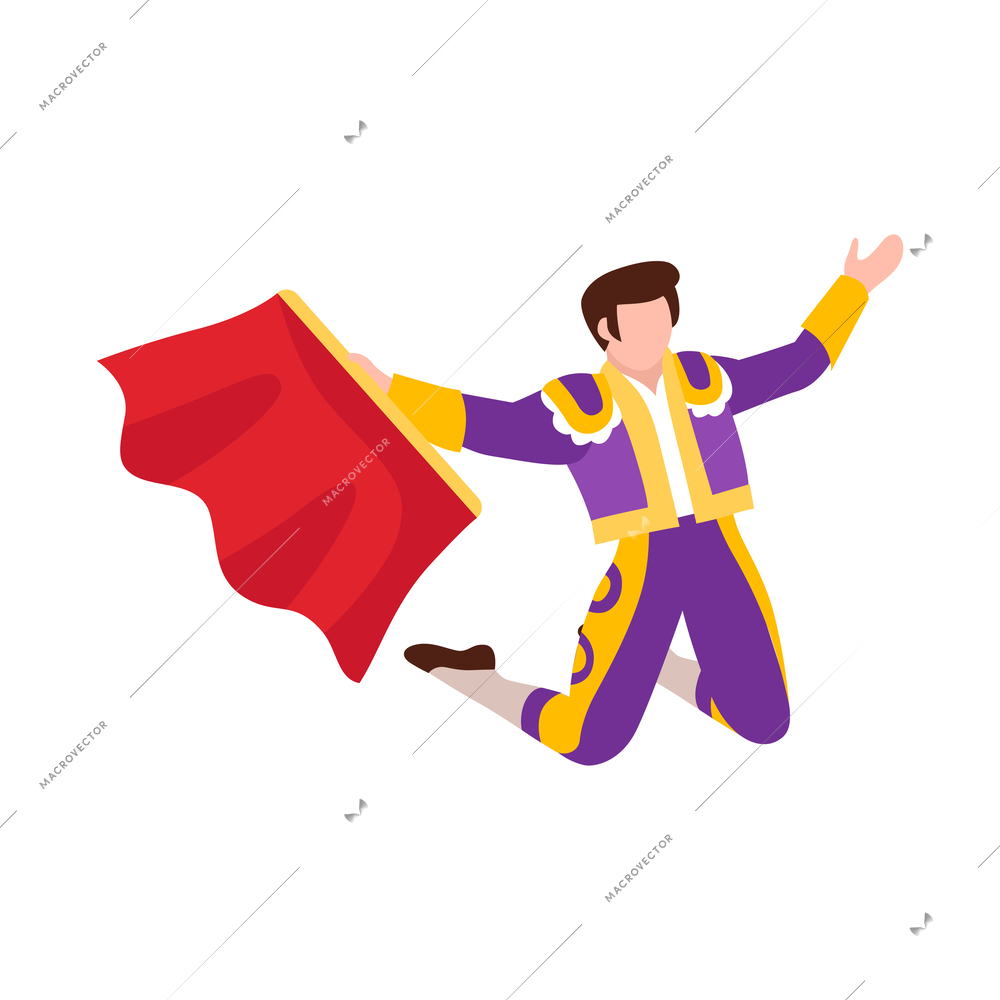 Isometric bullfight composition with isolated character of bullfighter with red cloth in hand vector illustration