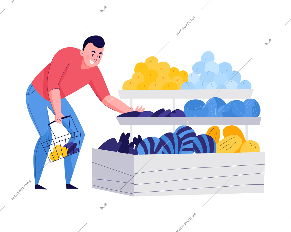 Supermarket composition with flat male character looking at shelves with fresh fruits vector illustration