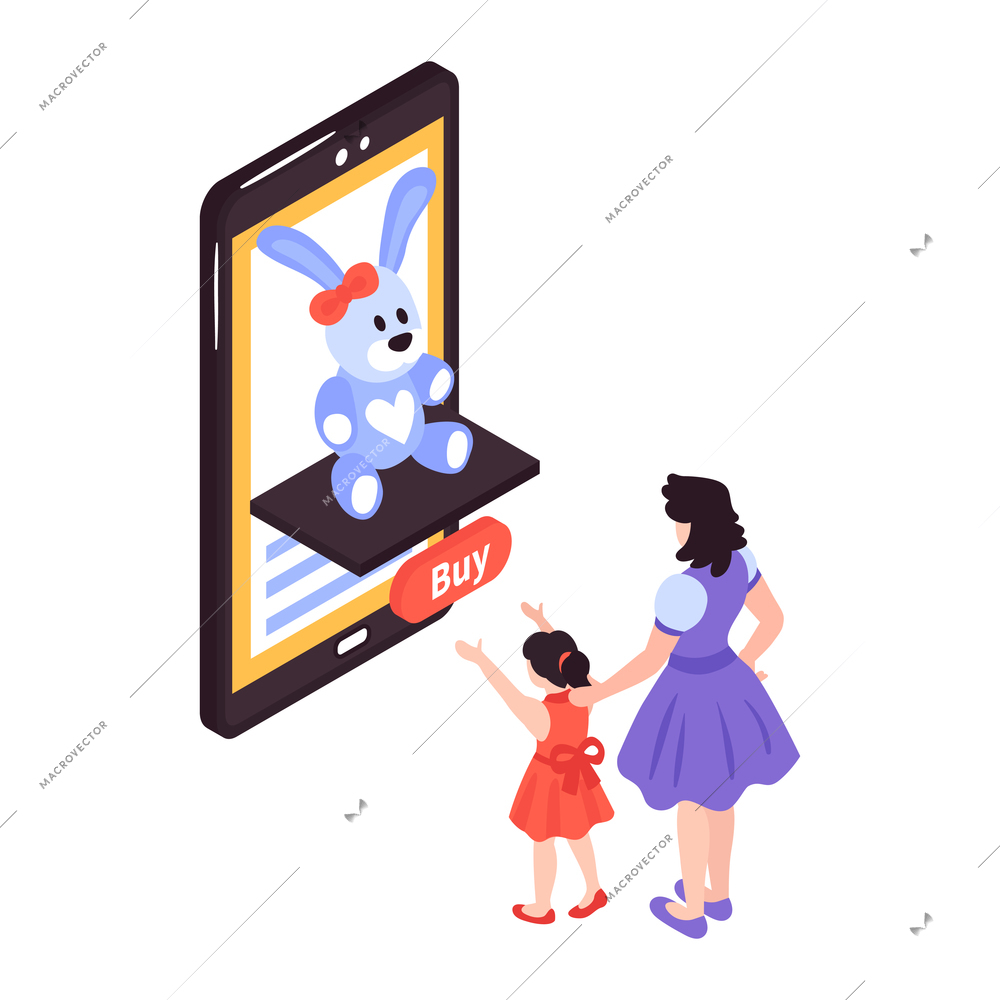 Isometric kids online shopping composition with smartphone and bunny toy with mother and daughter vector illustration