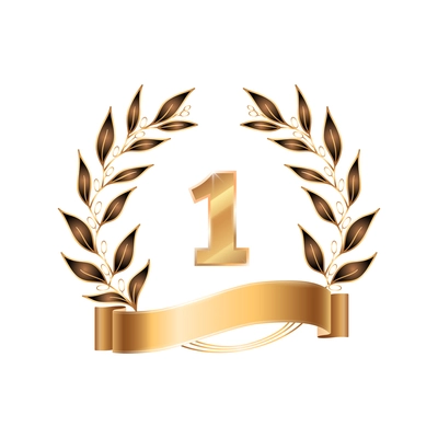 Contest awards emblem realistic composition with golden laurel wreath with ribbon isolated vector illustration