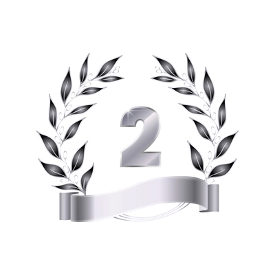 Contest awards emblem realistic composition with silver laurel wreath with ribbon isolated vector illustration