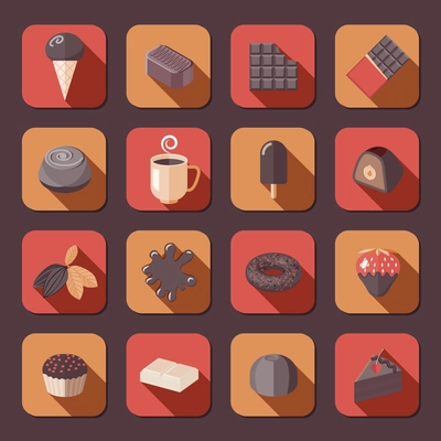 Chocolate delicious cake dark cacao fondue flat icons set isolated vector illustration.