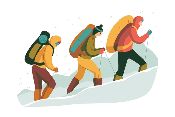 Mountain climbing trekking hiking flat composition with group of hikers walking on snow vector illustration