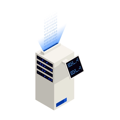 Big data analysis isometric icons composition with image of server rack with screens and upward stream of digits vector illustration