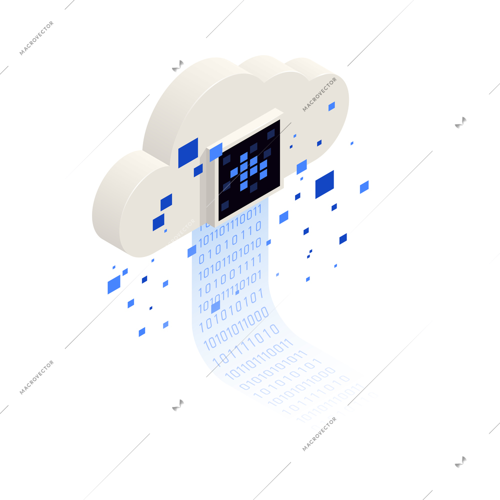 Big data analysis isometric icons composition with image of cloud with stream of binary code digits and squares vector illustration