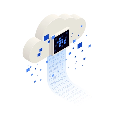 Big data analysis isometric icons composition with image of cloud with stream of binary code digits and squares vector illustration