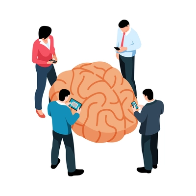 Isometric teamwork brainstorm composition with human characters of coworkers and human brain vector illustration