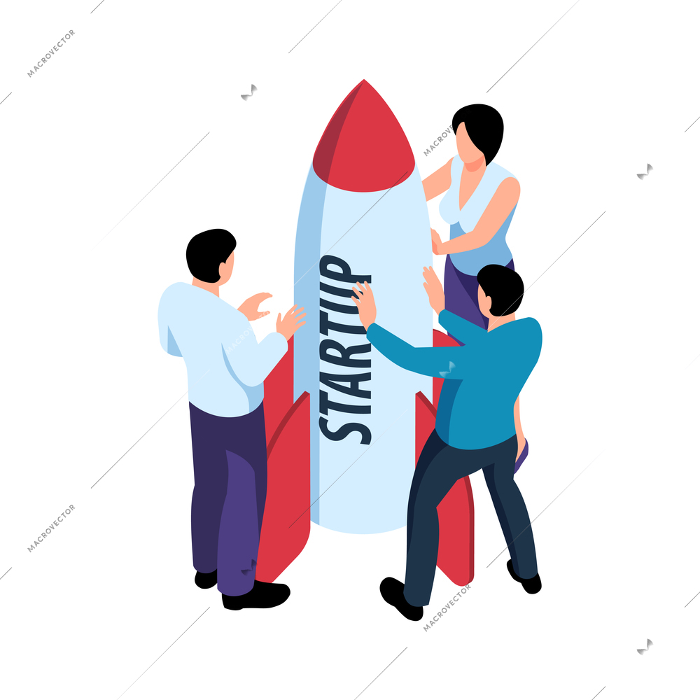 Isometric teamwork brainstorm composition with human characters of coworkers and startup rocket vector illustration