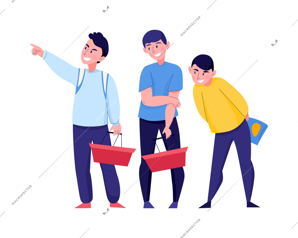 Supermarket composition with flat doodle style characters of teenage boys with baskets vector illustration