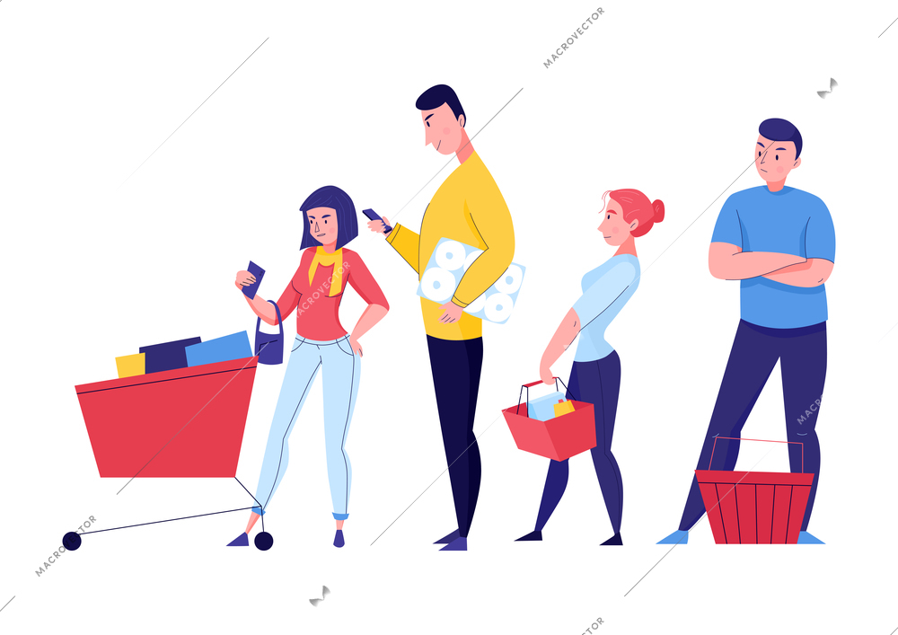 Supermarket composition with flat doodle style characters of customers standing in queue vector illustration