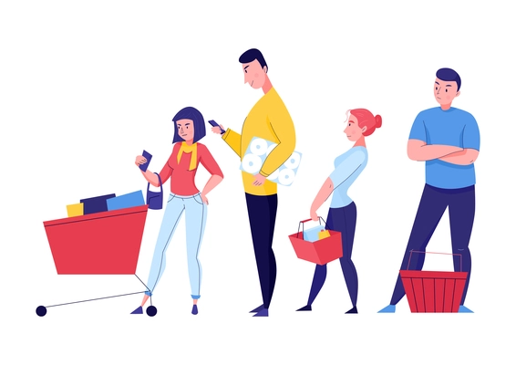 Supermarket composition with flat doodle style characters of customers standing in queue vector illustration