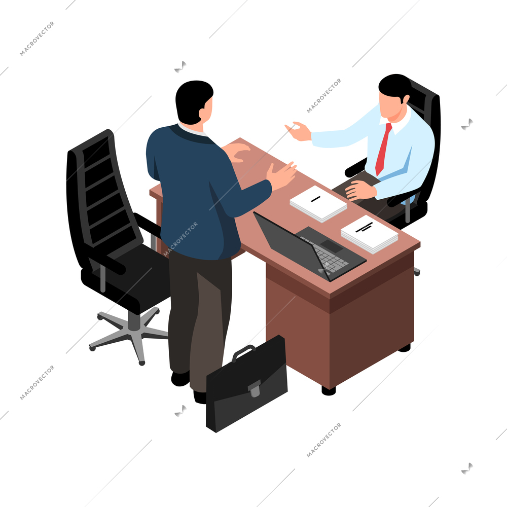 Isometric lawyer composition with characters of client and attorney at working place vector illustration