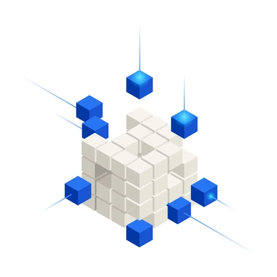 Big data analysis isometric icons composition with images of flying cubes vector illustration
