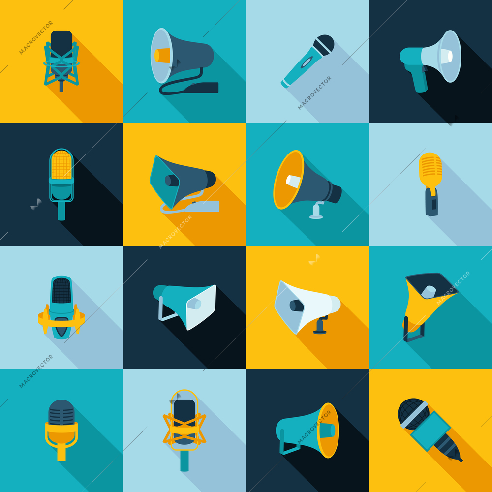 Microphone and megaphone loudspeaker musical and announcement devices flat icon set isolated vector illustration