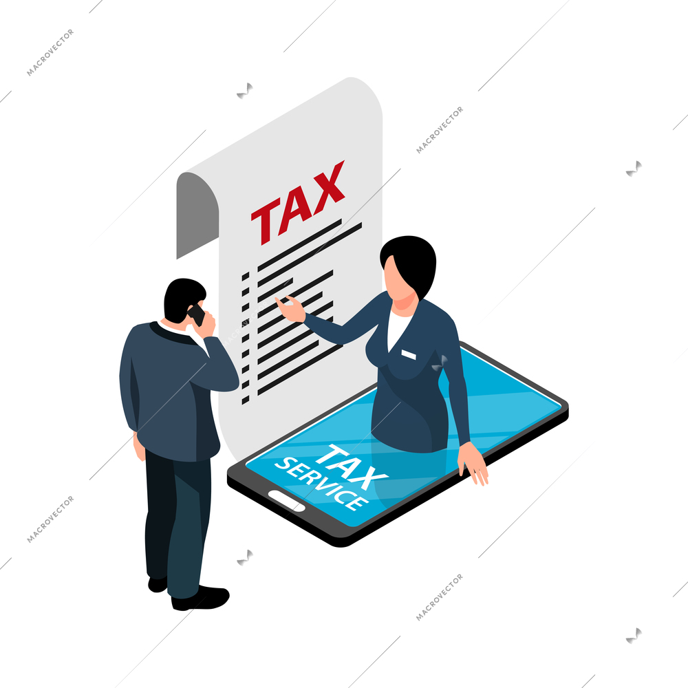 Isometric tax service accounting composition with male client and female accountant in smartphone vector illustration