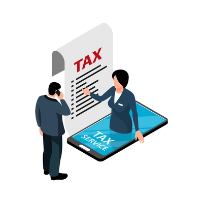 Isometric tax service accounting composition with male client and female accountant in smartphone vector illustration