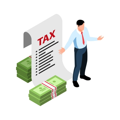 Isometric tax service accounting composition with male character with tax receipt and stack of banknotes vector illustration