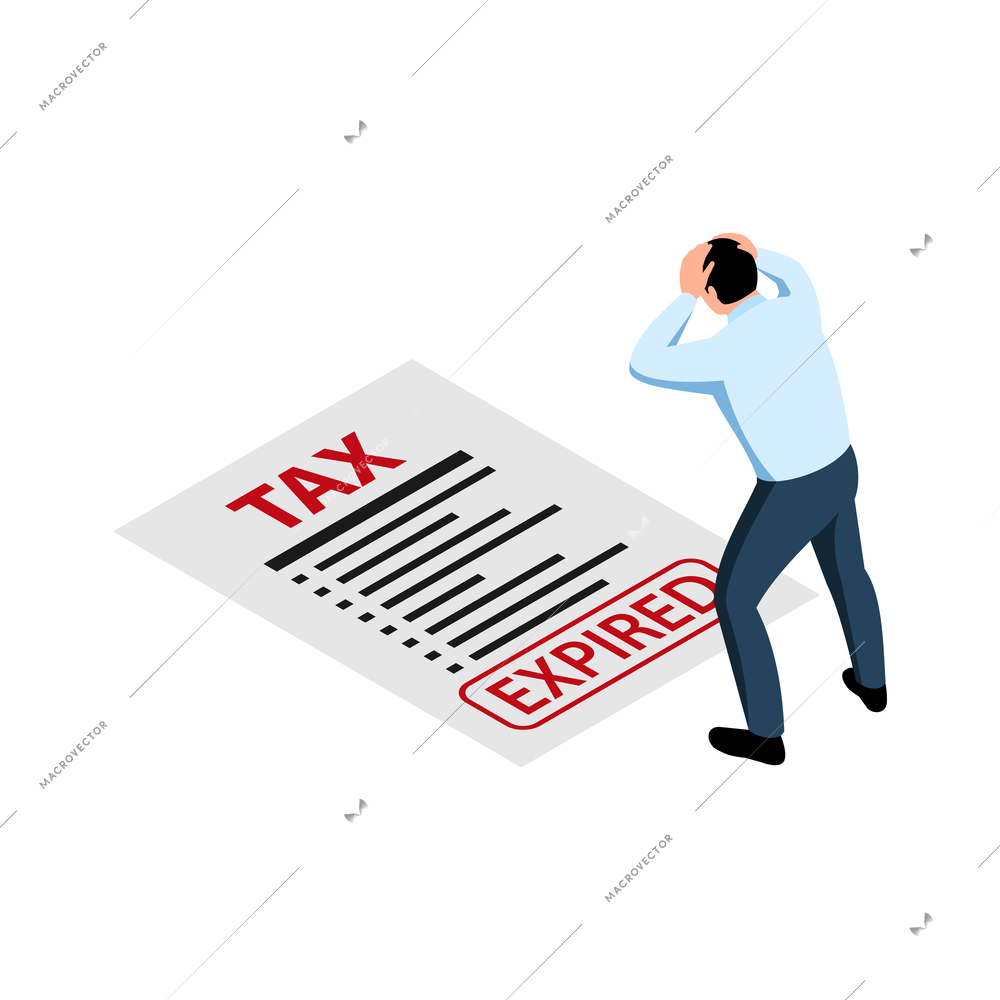 Isometric tax service accounting composition with character of distracted man and tax receipt with expiration stamp vector illustration