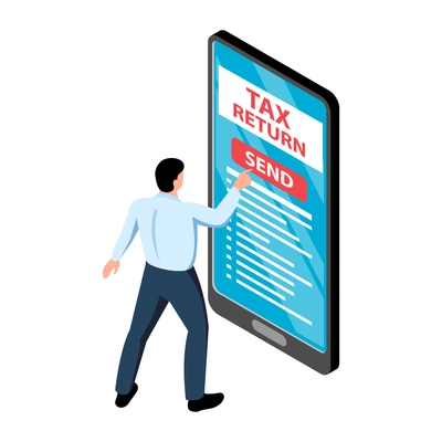 Isometric tax service accounting composition with male character touching screen of smartphone with tax return app vector illustration