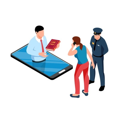 Isometric lawyer composition with attorney holding book in smartphone with client and police officer vector illustration