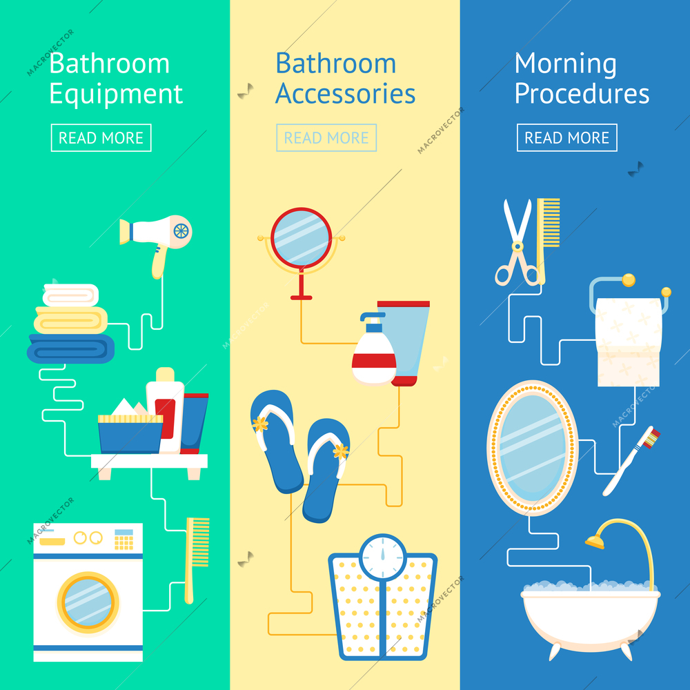 Bathroom banner flat colored set with equipment accessories and morning procedures elements isolated vector illustration