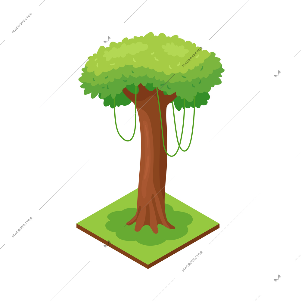Isometric jungle composition with square piece of terrain and tree vector illustration