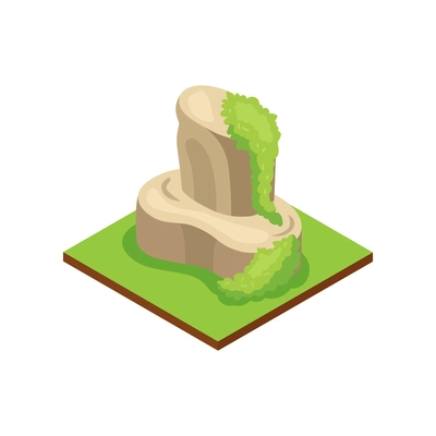 Isometric jungle composition with square piece of terrain and rock with grass vector illustration