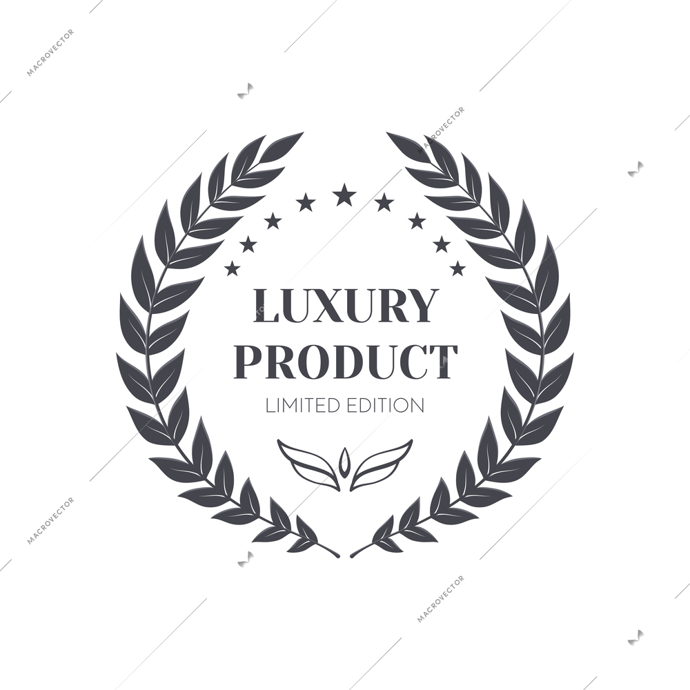 Premium monochrome emblem realistic composition with ornate text and laurel wreath isolated vector illustration