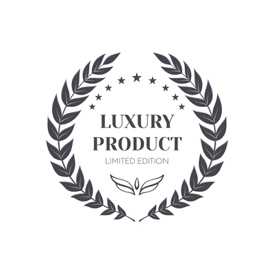 Premium monochrome emblem realistic composition with ornate text and laurel wreath isolated vector illustration